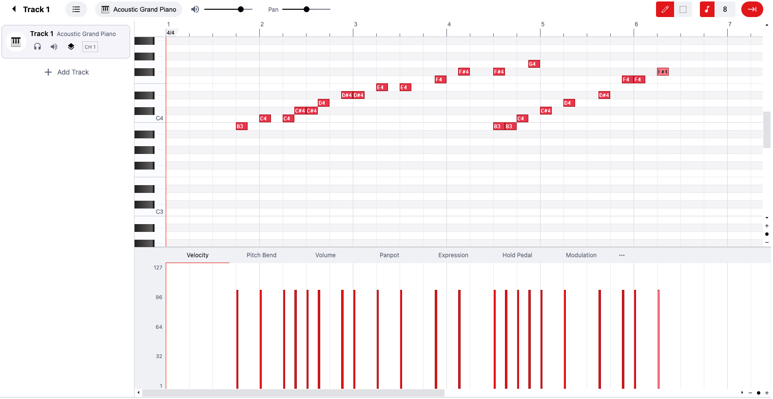 Digital audio interface displaying a MIDI Editor with piano roll and instrument tracks.