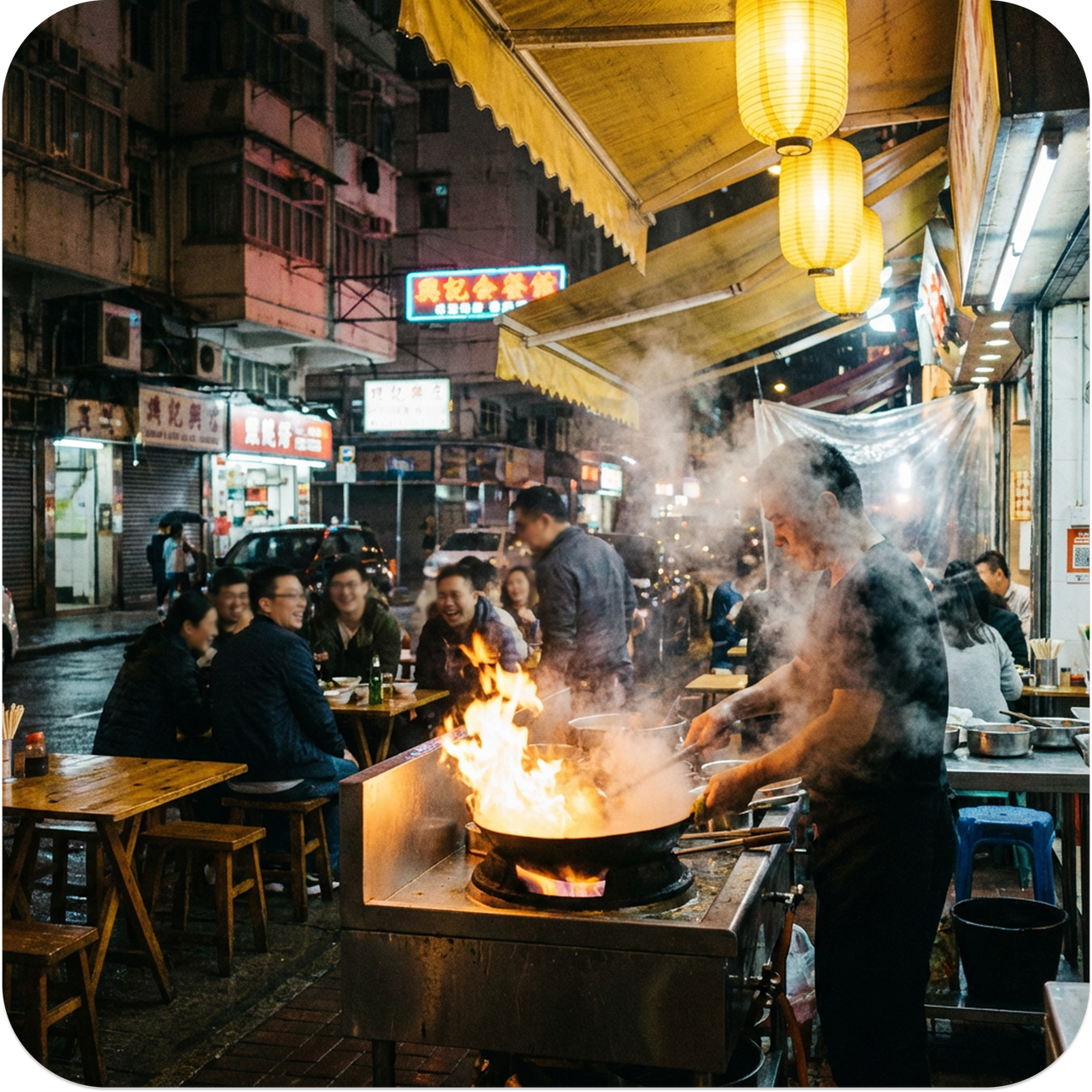 Street food chef cooking with a large flame in a busy night market.