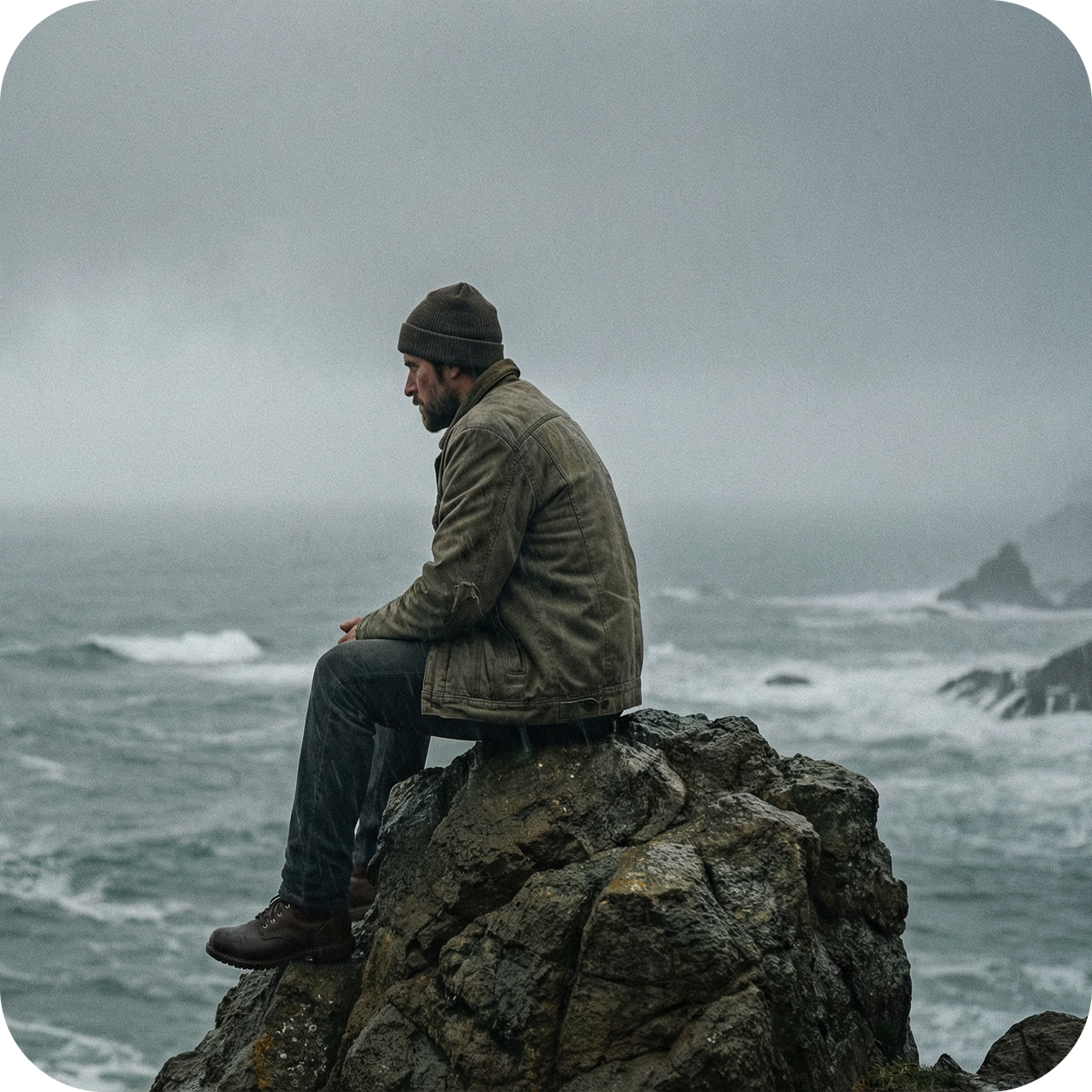 Man sitting alone on a rock looking at the stormy ocean.