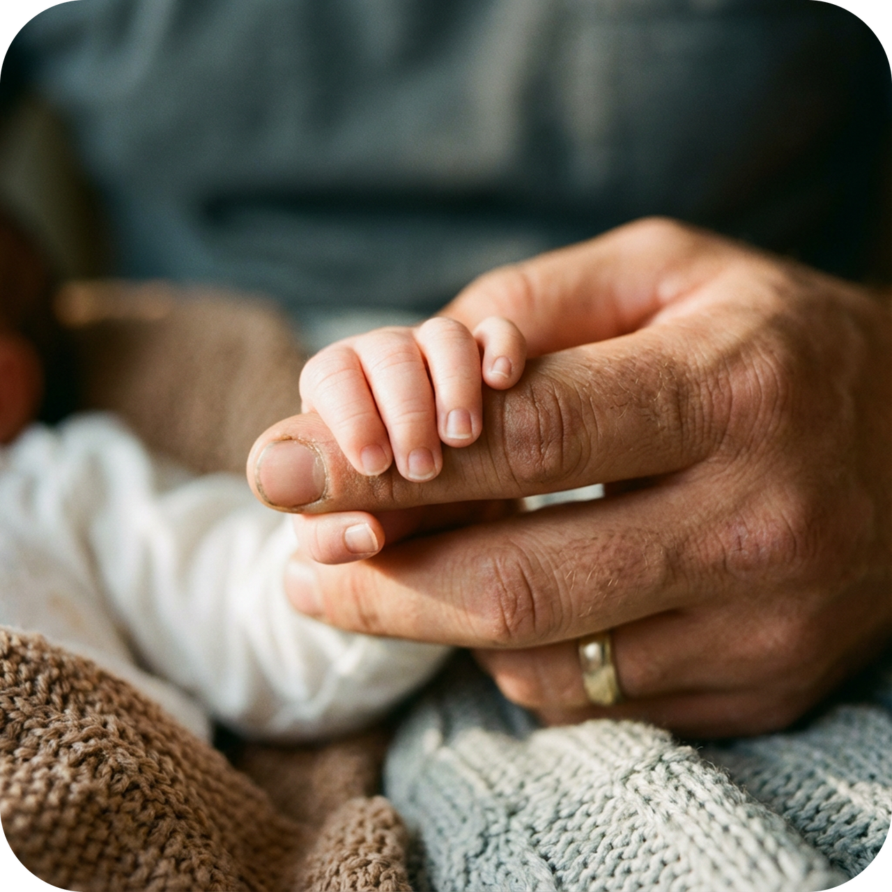 Close-up of an adult hand holding a newborn baby's tiny hand.