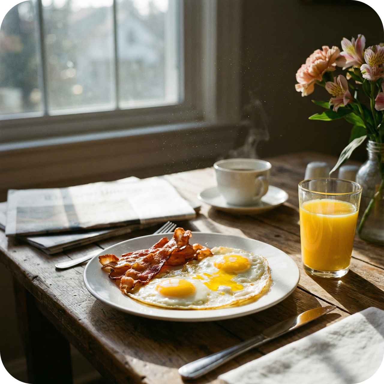 Delicious breakfast with eggs, bacon, and coffee by a sunny window.