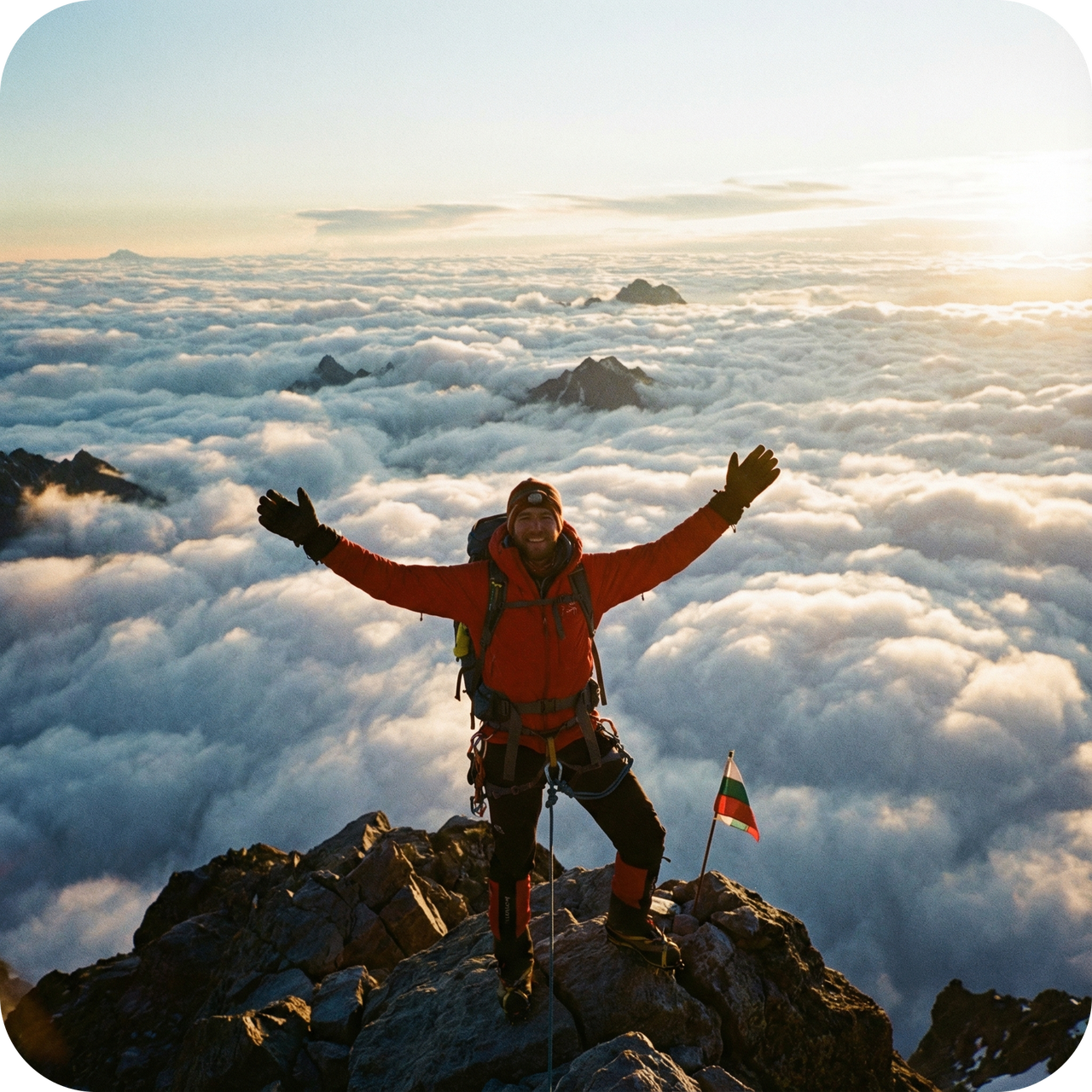 Mountaineer celebrating summit victory above the clouds at sunrise.
