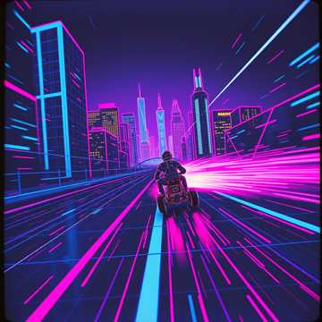High-speed chiptune rock with driving percussion and fast arpeggios, ideal for racing games or intense action chases.