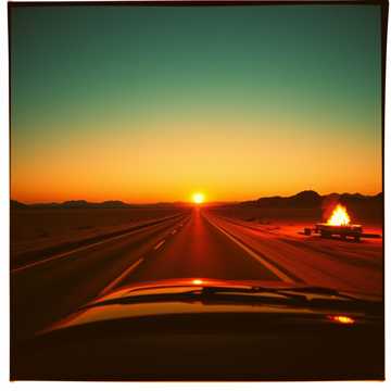 Driving fast down an open desert road toward freedom