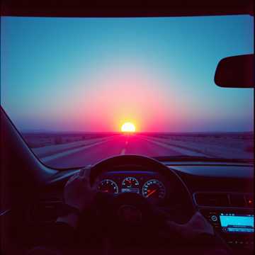 Durch die Berge fahren, während die epische Synthesizer Melodie dröhnt