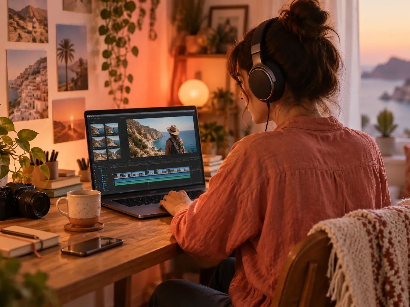 Split-toned photograph of a video creator wearing headphones at a wooden desk, editing a travel video on a laptop