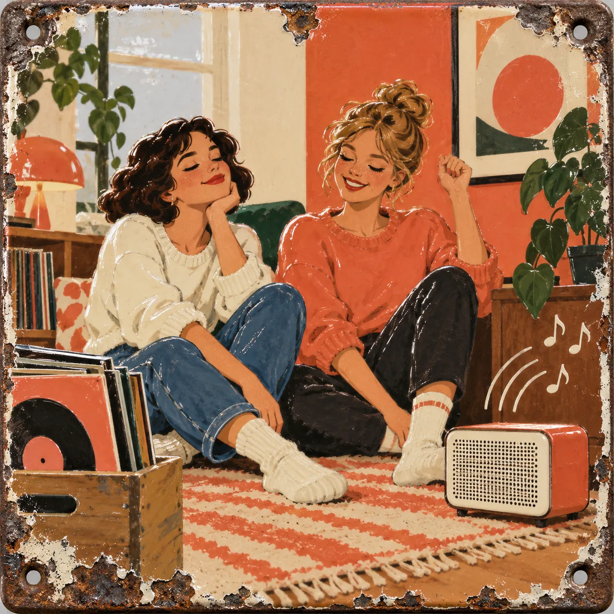 Vitreous enamel advertising sign of two friends in a cozy apartment listening to music from a small speaker