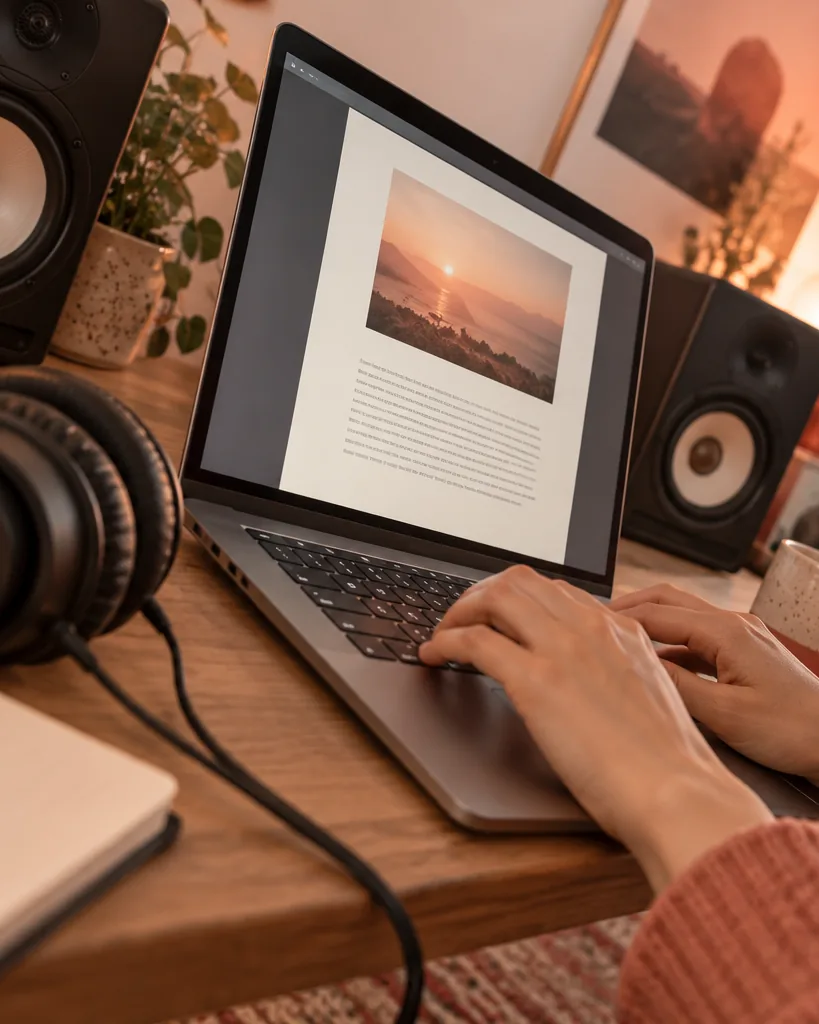 Dutch-angle tilted photograph of hands typing a short music description on a laptop next to studio headphones and small monitor speakers
