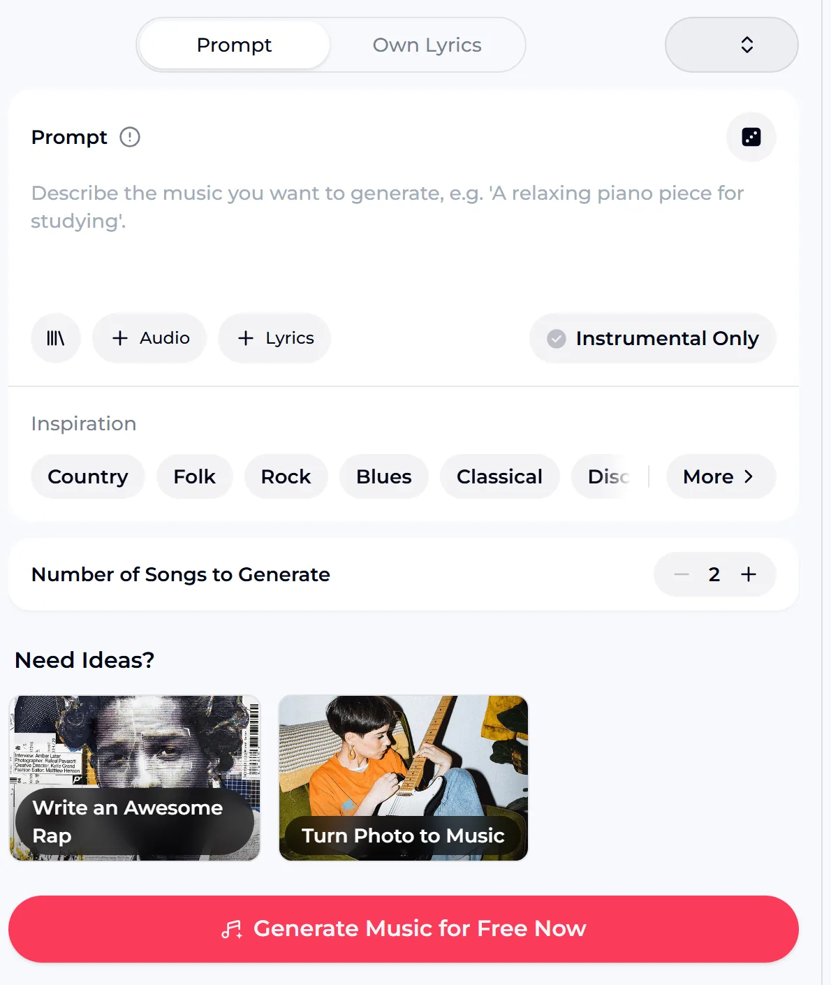 The OpenMusic AI audio generator with a prompt box, Audio and Lyrics buttons, an Instrumental Only switch, genre inspiration tags and a generate button