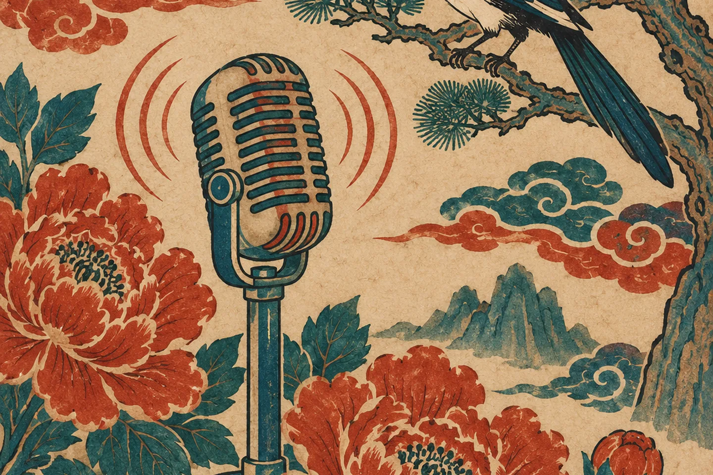 Korean minhwa folk painting in vermilion, blue-green and rice beige of a vintage microphone among peonies with a magpie singing on a pine branch