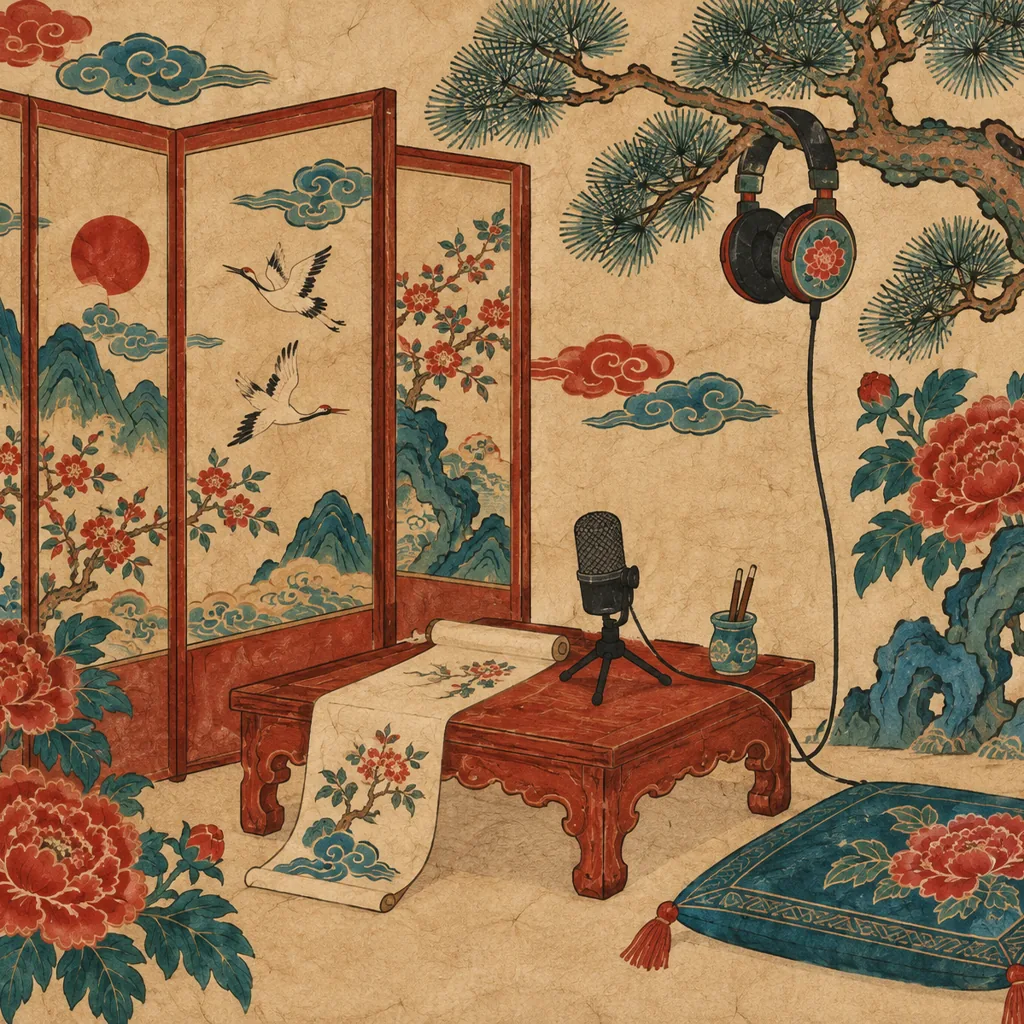 Korean minhwa folk painting in vermilion, blue-green and rice beige of a quiet home recording corner with headphones on a pine branch and a small microphone on a low table