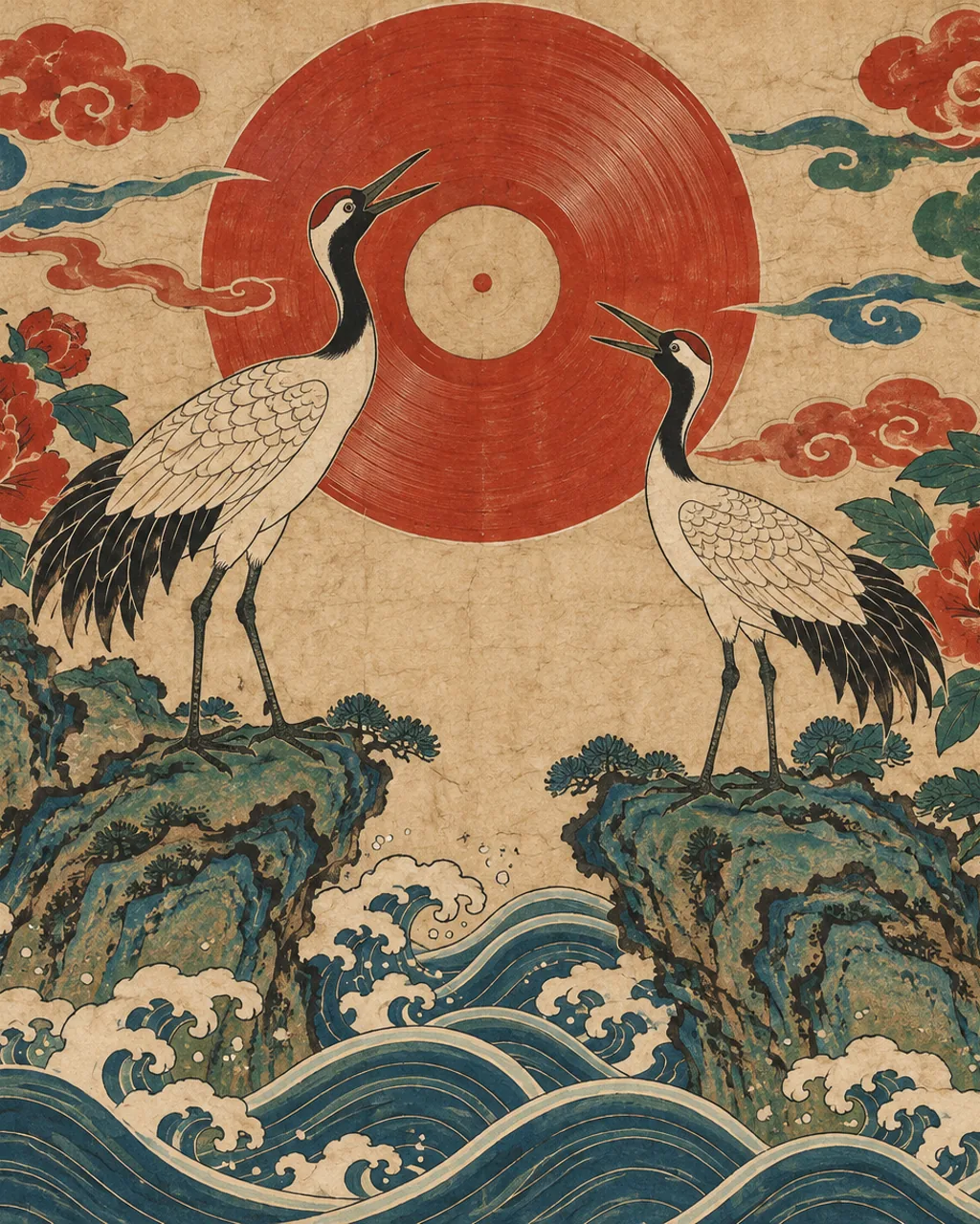 Korean minhwa folk painting in vermilion, blue-green and rice beige of two cranes on a rock, one singing and one echoing, with a sun shaped like a vinyl record