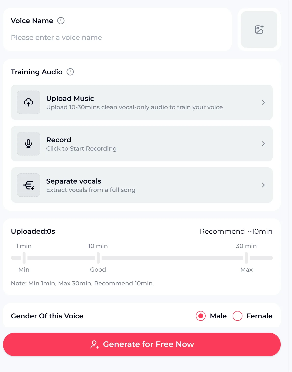 The AI cover generator voice training panel with a voice name field, upload, record and separate vocals options, a 1 to 30 minute audio meter and a Male or Female choice