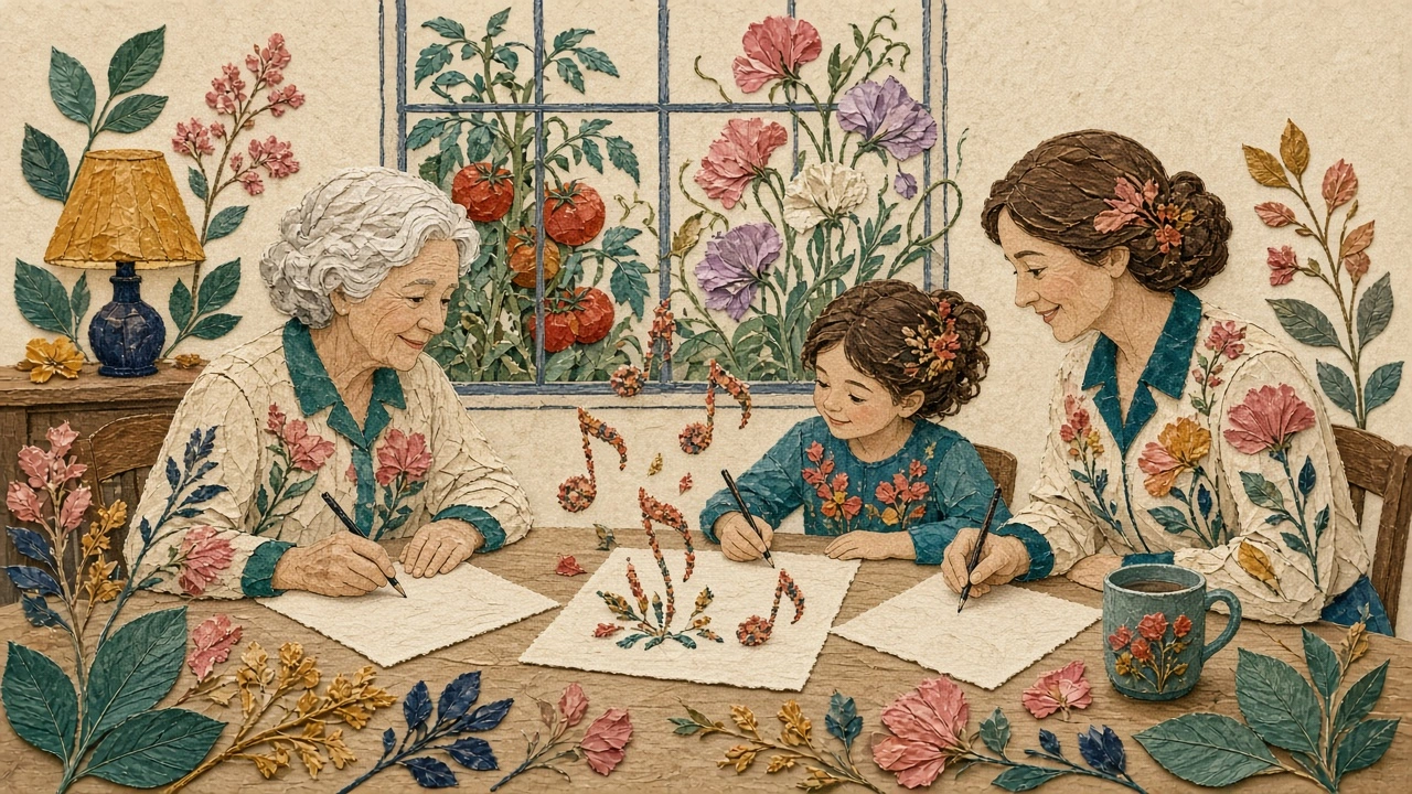 Pressed flower collage illustration of three generations of a family writing song lyrics together at a kitchen table, with tomato plants and sweet peas in the garden outside the window