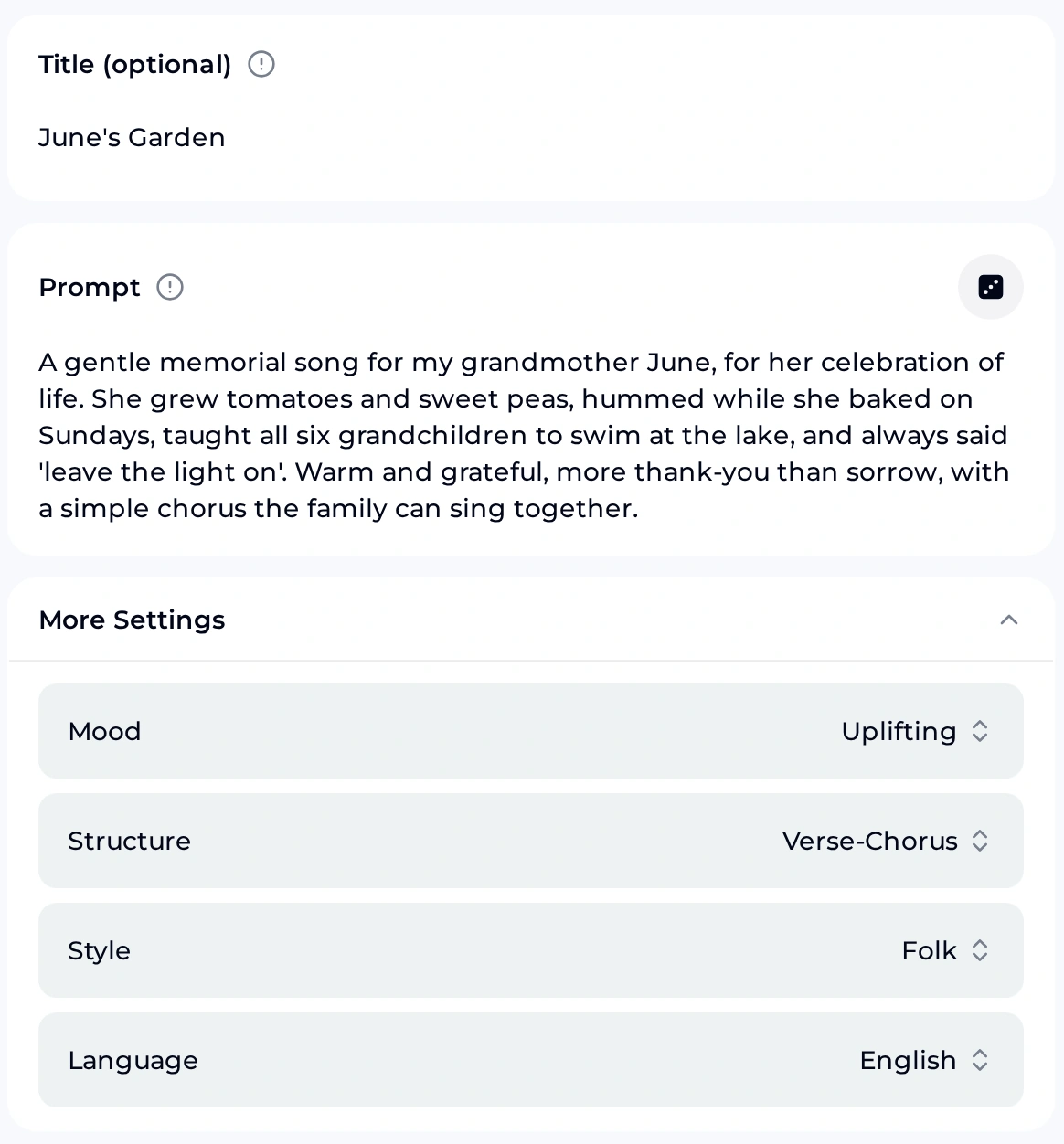 OpenMusic AI Lyrics Generator used as an AI lyric maker, with the title June's Garden, a memorial prompt and More Settings set to Uplifting, Verse-Chorus, Folk and English