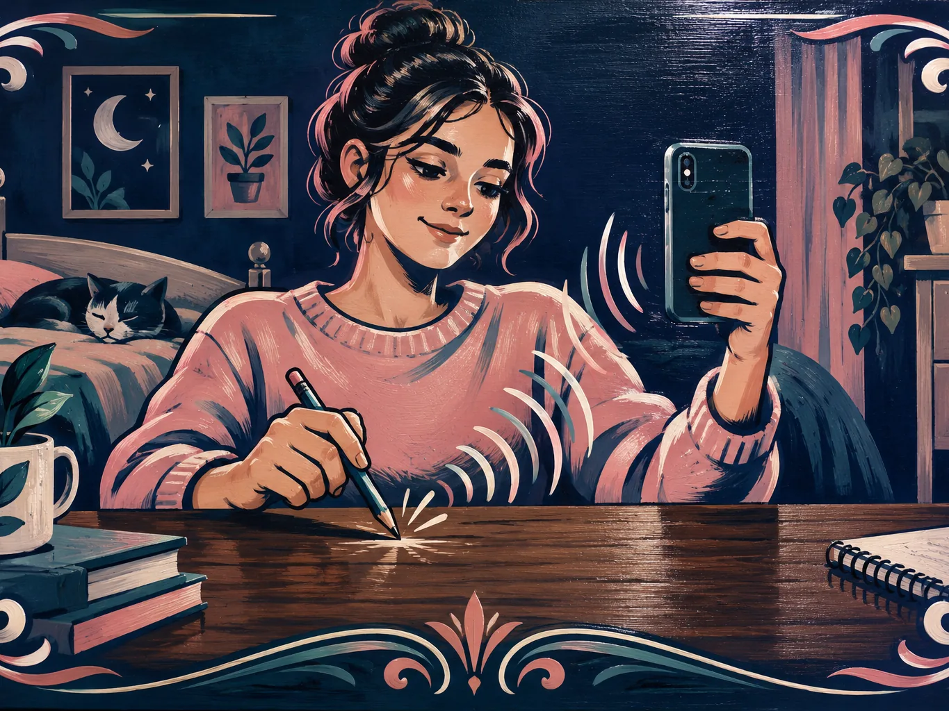 A sign-painted scene of a young person tapping a pencil on a desk while recording the rhythm on a phone