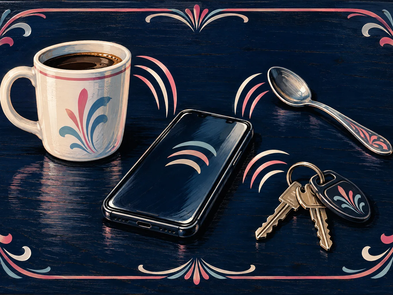 Beat app idea as a sign-painted still life: a phone on a table next to a mug, a spoon and keys, with sound lines rising from the objects