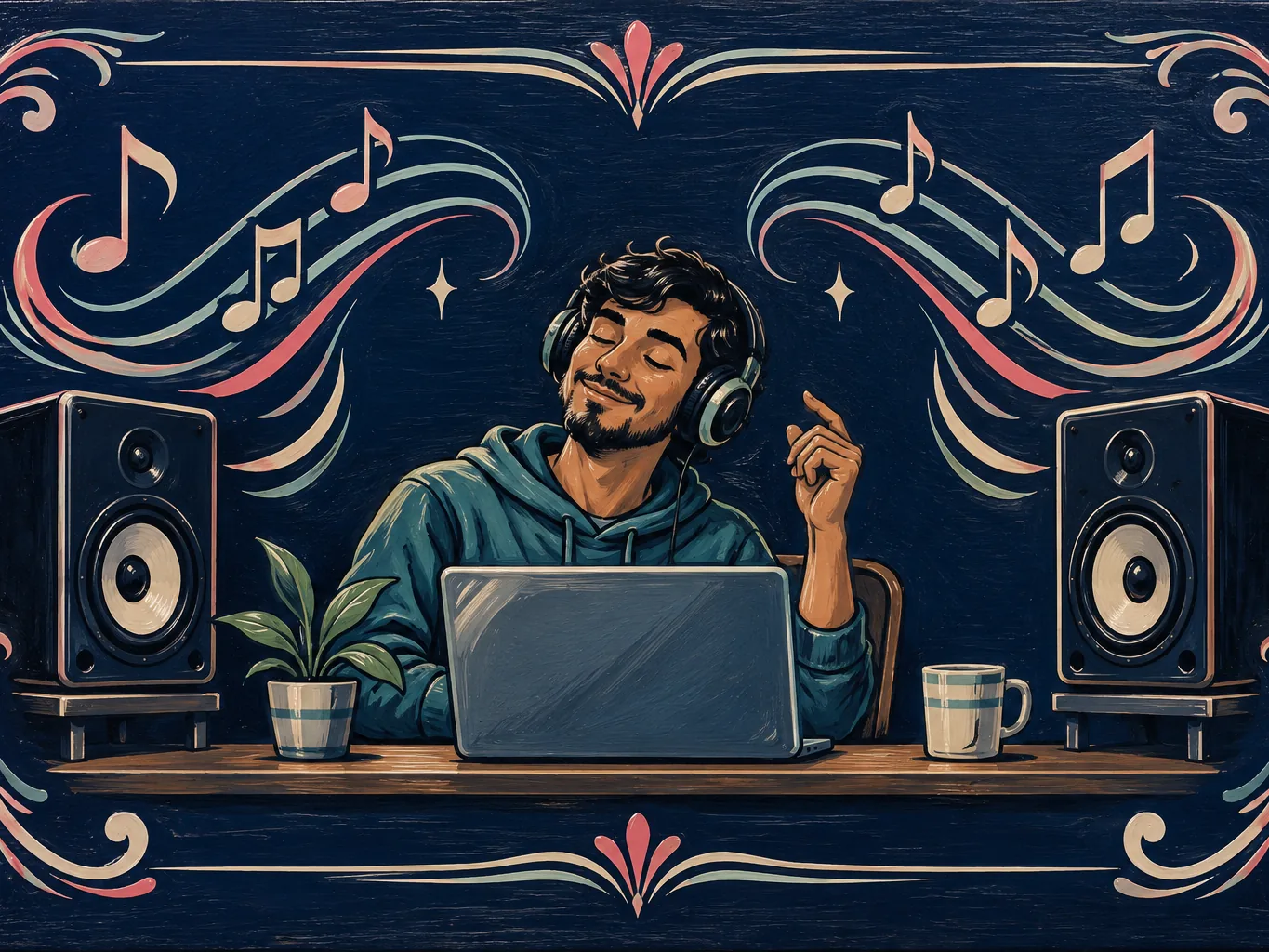 A sign-painted producer in headphones nodding along at a laptop between two speakers with music notes flowing out