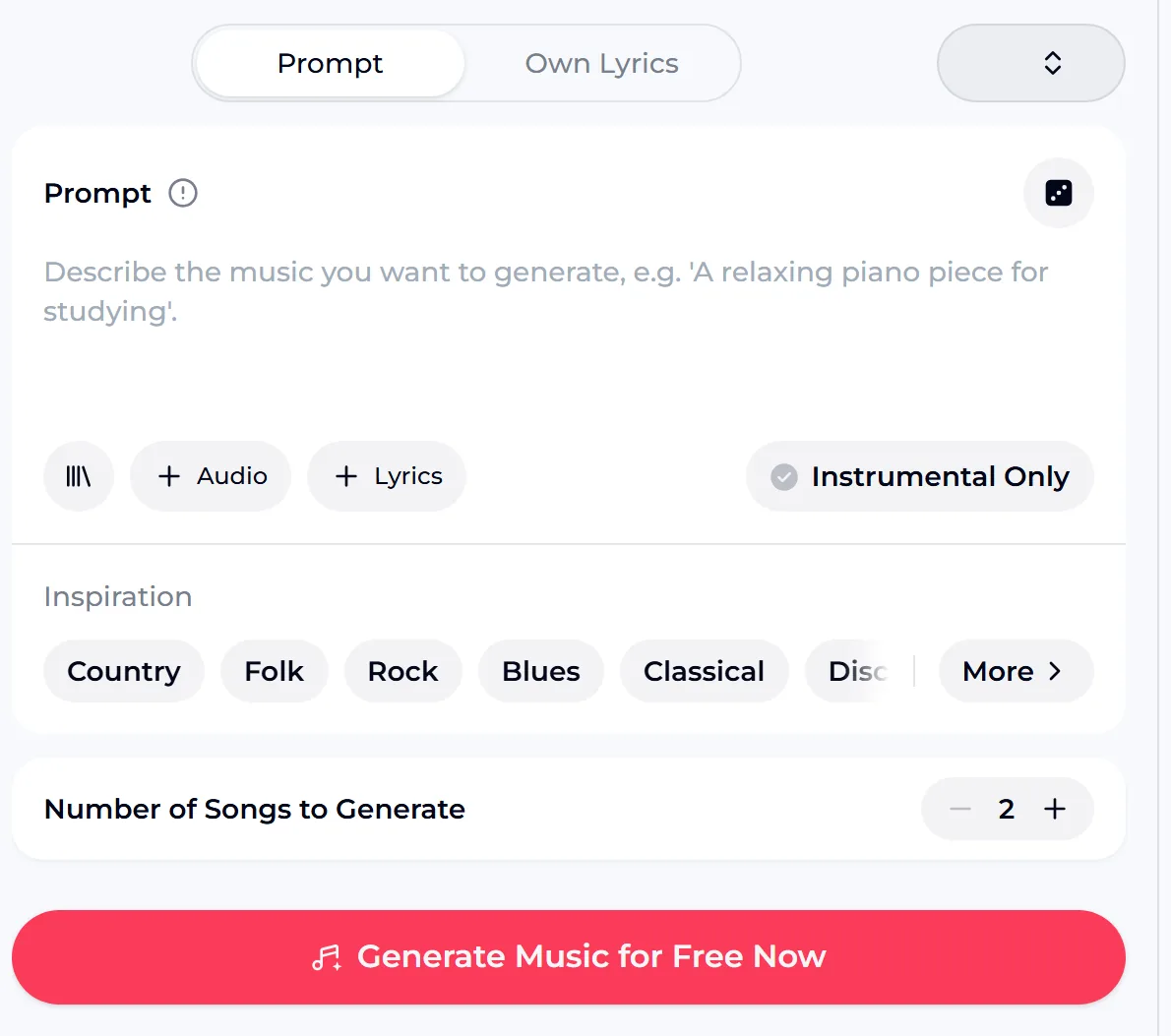The OpenMusic AI music generator panel with a Prompt box, Audio and Lyrics buttons, an Instrumental Only switch, Inspiration genre chips and Number of Songs to Generate set to 2