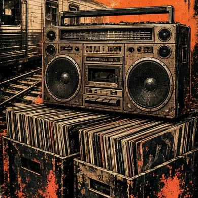 Graffiti-style cover of an old boombox on crates of vinyl records on a subway platform