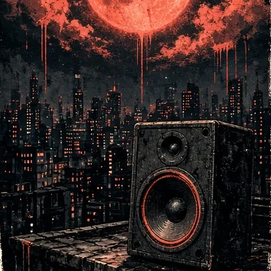 Graffiti-style cover of a night city rooftop with a coral moon and a large bass speaker