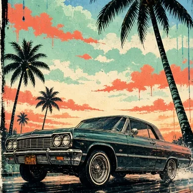 Graffiti-style cover of a lowrider car cruising past palm trees under a mint and coral sunset