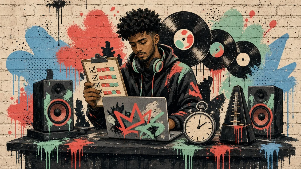 Best beat maker test illustration: graffiti mural of a hip hop producer at a laptop between two studio monitors, checking a clipboard scorecard next to a stopwatch and a metronome