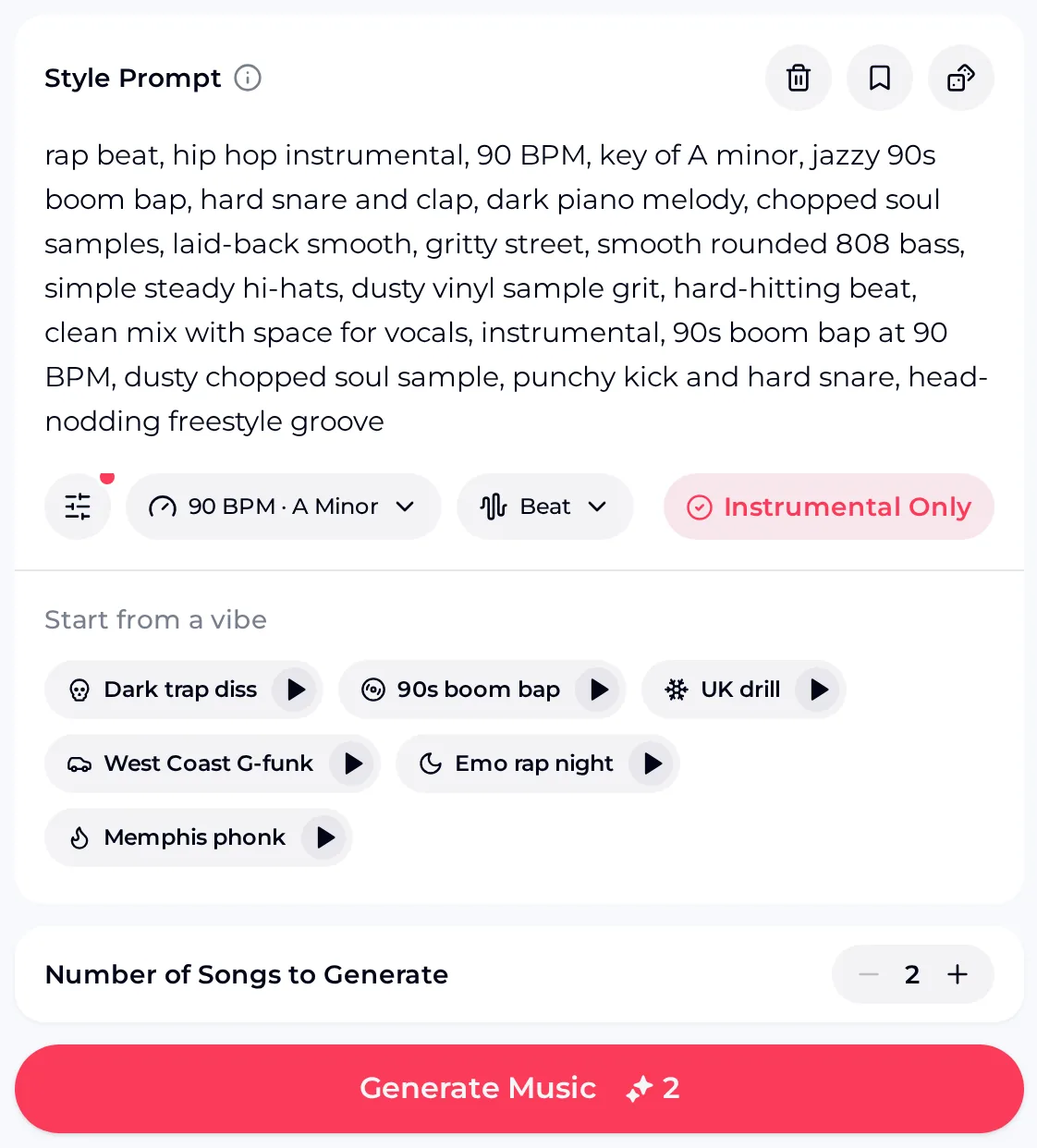 OpenMusic Rap Beat Maker with the 90s boom bap vibe selected: Style Prompt at 90 BPM in A minor, the 90 BPM A Minor button, Instrumental Only, six vibes and Generate Music for two songs