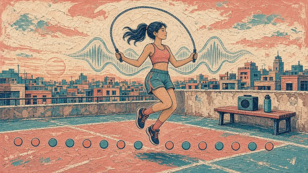 Carved plaster mural style illustration of a woman skipping rope on a rooftop court at sunset, the rope arc echoed by a sound wave and a row of beat dots under her feet