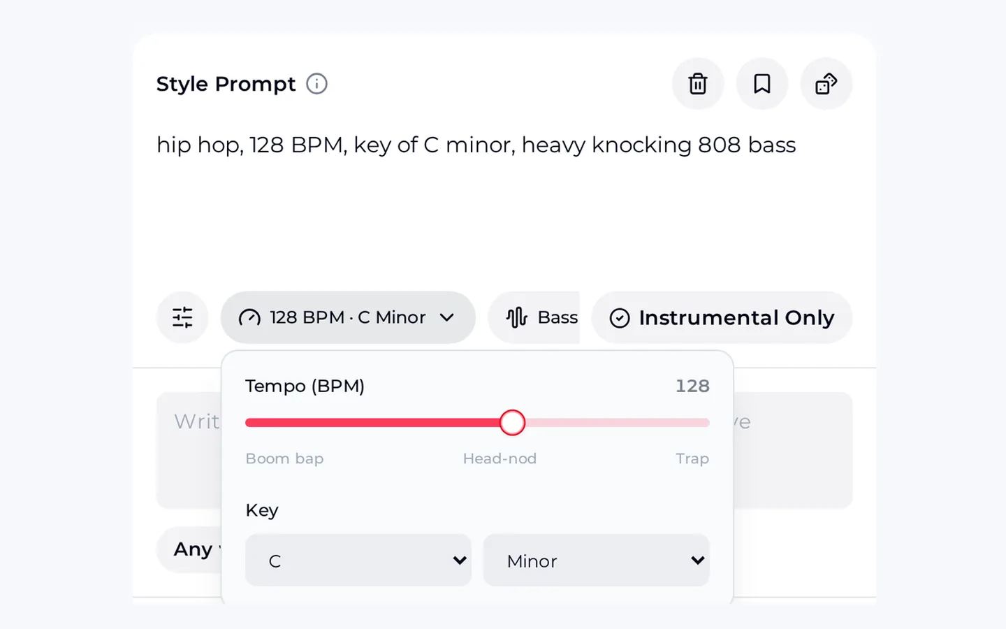 AI Hip Hop Generator used to create beats, with the tempo slider at 128 BPM, key C minor, and the style prompt reading hip hop, 128 BPM