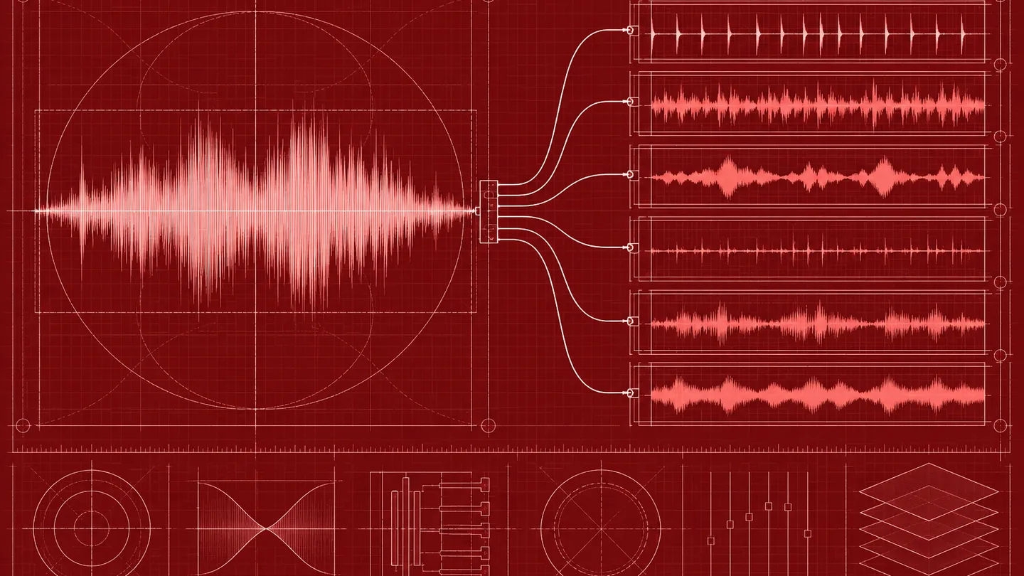 Blueprint-style illustration of a song waveform separating into parallel stem layers