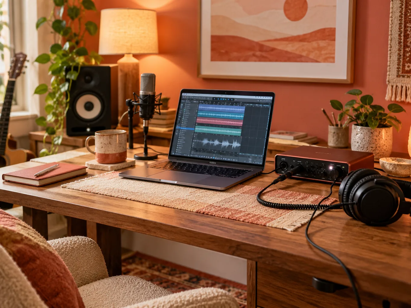 HDR interior photograph of a home studio desk with a laptop, audio interface, studio headphones and cables under warm lights