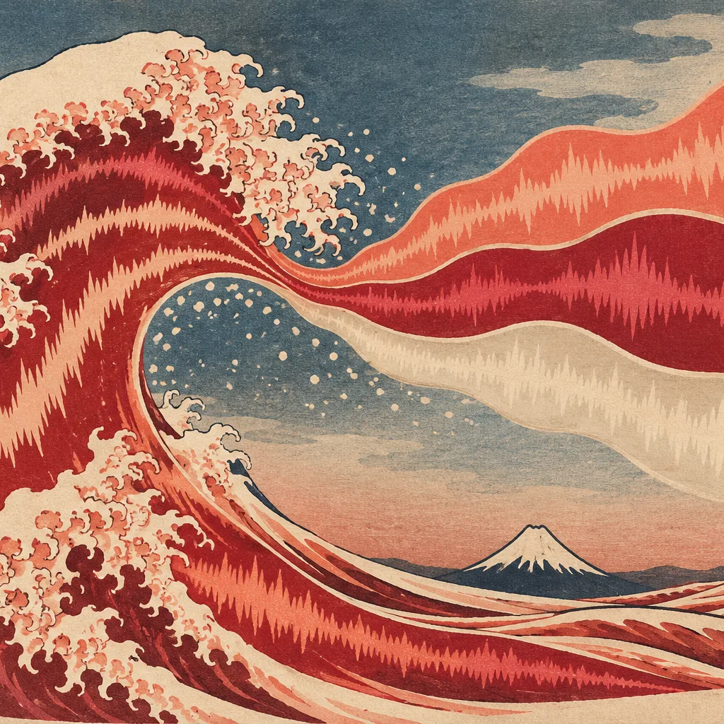 Woodblock print style illustration of a great wave made of sound waves splitting into separate colored streams