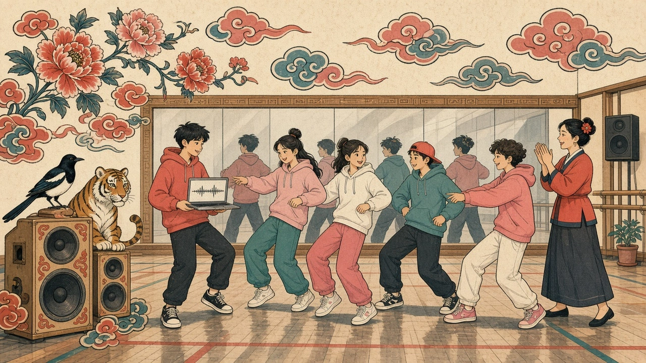 Kpop AI for school clubs: minhwa-style illustration of five teenage club members rehearsing a dance in a school gym in front of a mirror