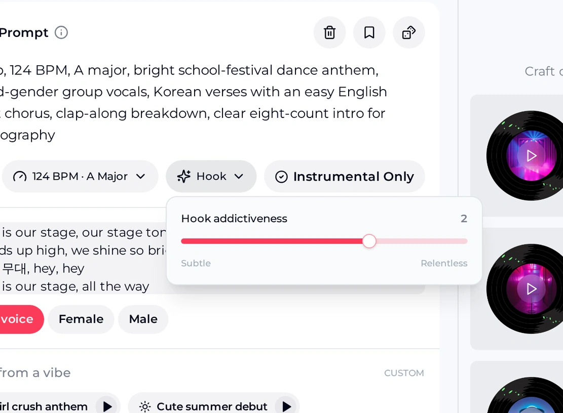 OpenMusic K-pop generator with the Hook menu open showing a Hook addictiveness slider at 2 between Subtle and Relentless