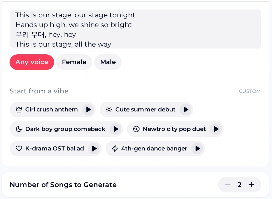 OpenMusic K-pop generator lyrics box with an original English and Korean chorus, Any voice selected, the vibe presets marked custom and Number of Songs to Generate set to 2
