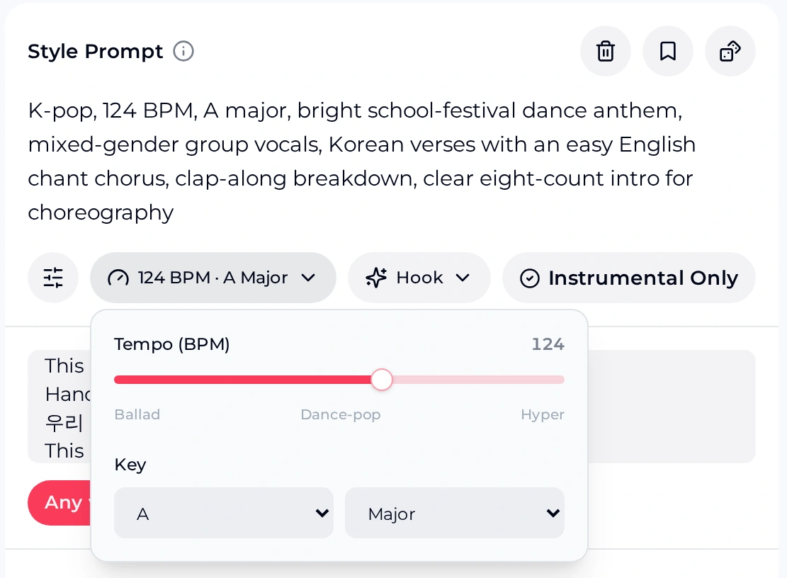 OpenMusic K-pop generator with a school-festival style prompt and the BPM and Key menu open, tempo slider at 124 between Ballad and Hyper, key A, Major