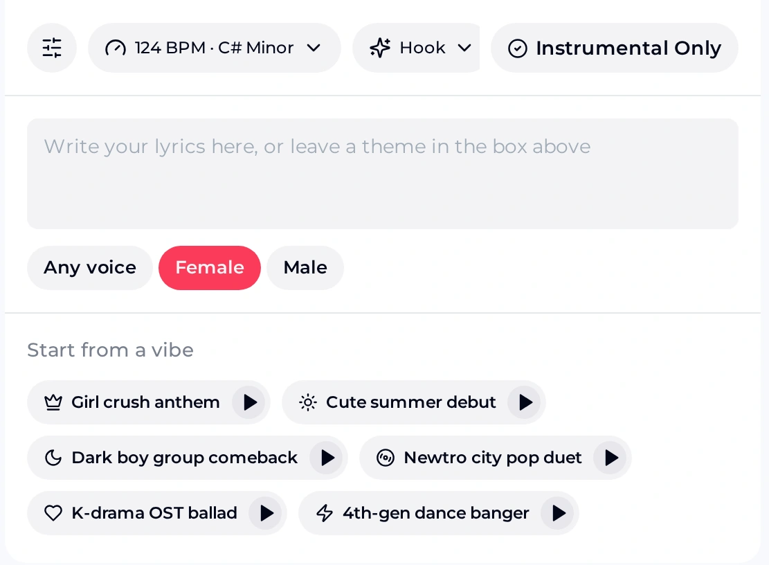 OpenMusic K-pop music generator controls with 124 BPM C# Minor, Hook, Instrumental Only, an empty lyrics box, voice choices and six Start from a vibe presets