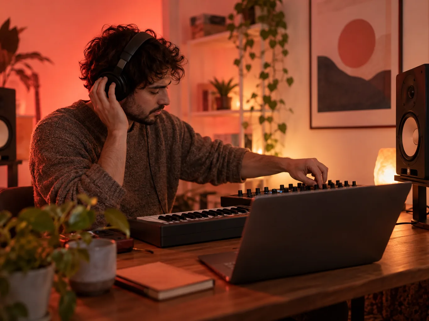 Photograph lit with colored gels of a home music producer at a desk with a laptop, a MIDI keyboard and studio monitors, adjusting a knob while listening