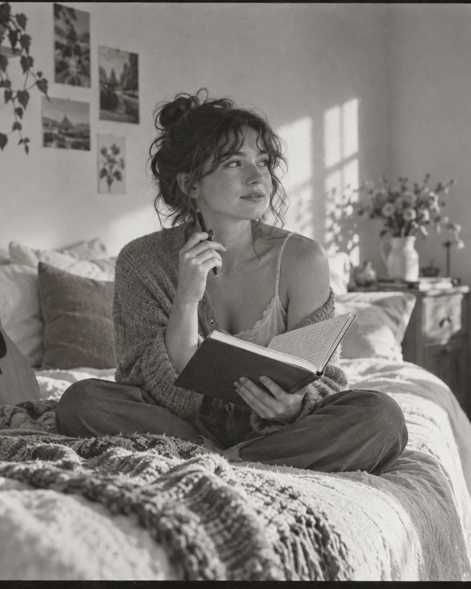 Silver gelatin black-and-white photograph of a singer-songwriter in a sunny bedroom holding a notebook of lyrics, an acoustic guitar leaning on the bed
