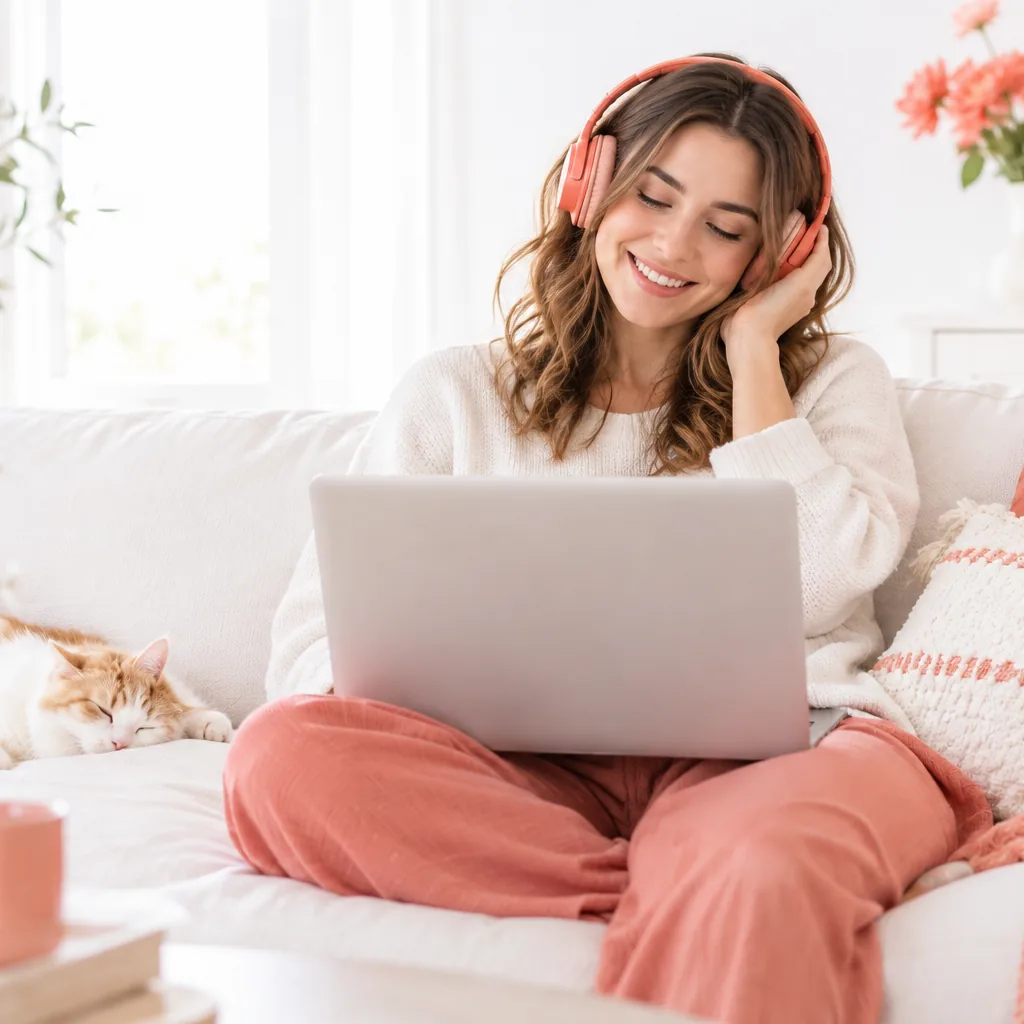 High-key bright white photograph of a young woman on a couch wearing headphones, smiling as she listens to a track on her laptop