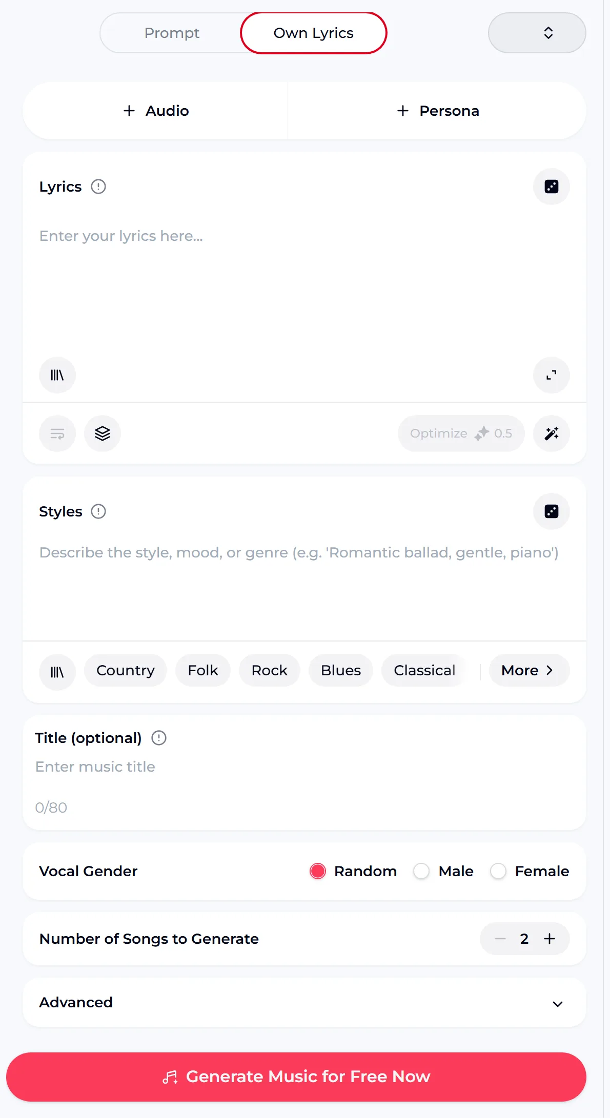 The OpenMusic music AI generator in Own Lyrics mode, with a lyrics box, a styles box with genre tags and vocal gender options