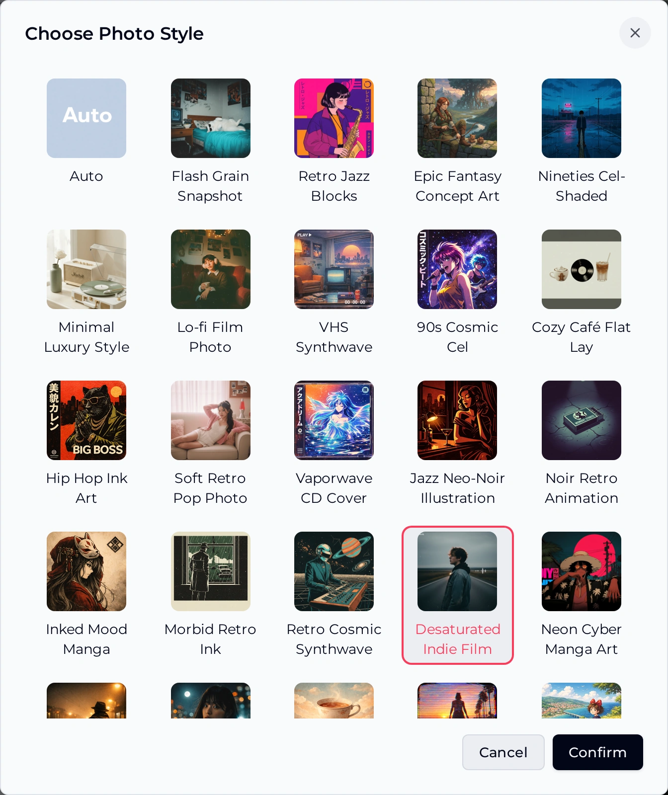 Music video generator Choose Photo Style window with preset thumbnails such as Flash Grain Snapshot, Lo-fi Film Photo and VHS Synthwave, with Desaturated Indie Film selected