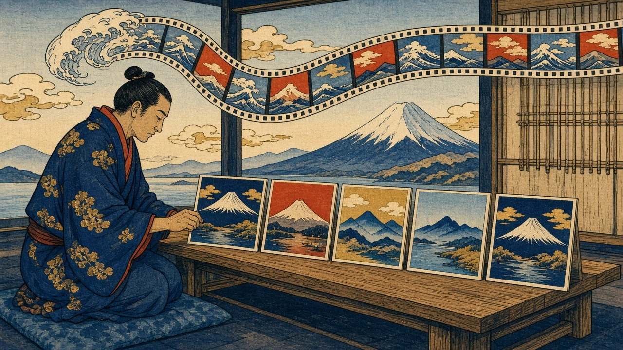 Woodblock-print illustration of a musician arranging five matching square sleeves on a low desk while a strip of film frames drifts overhead like a wave