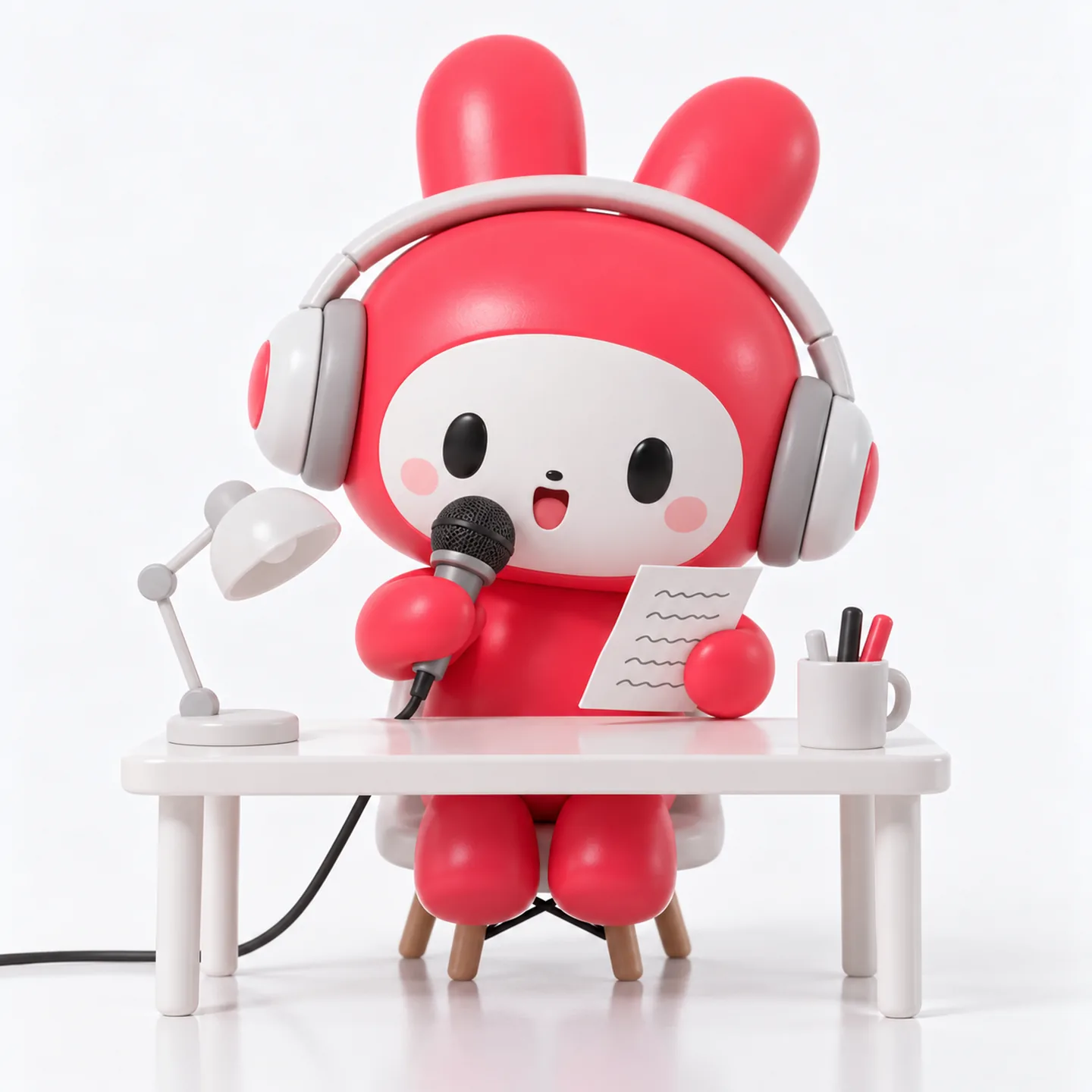 Red vinyl toy character with a microphone and headphones at a small white desk