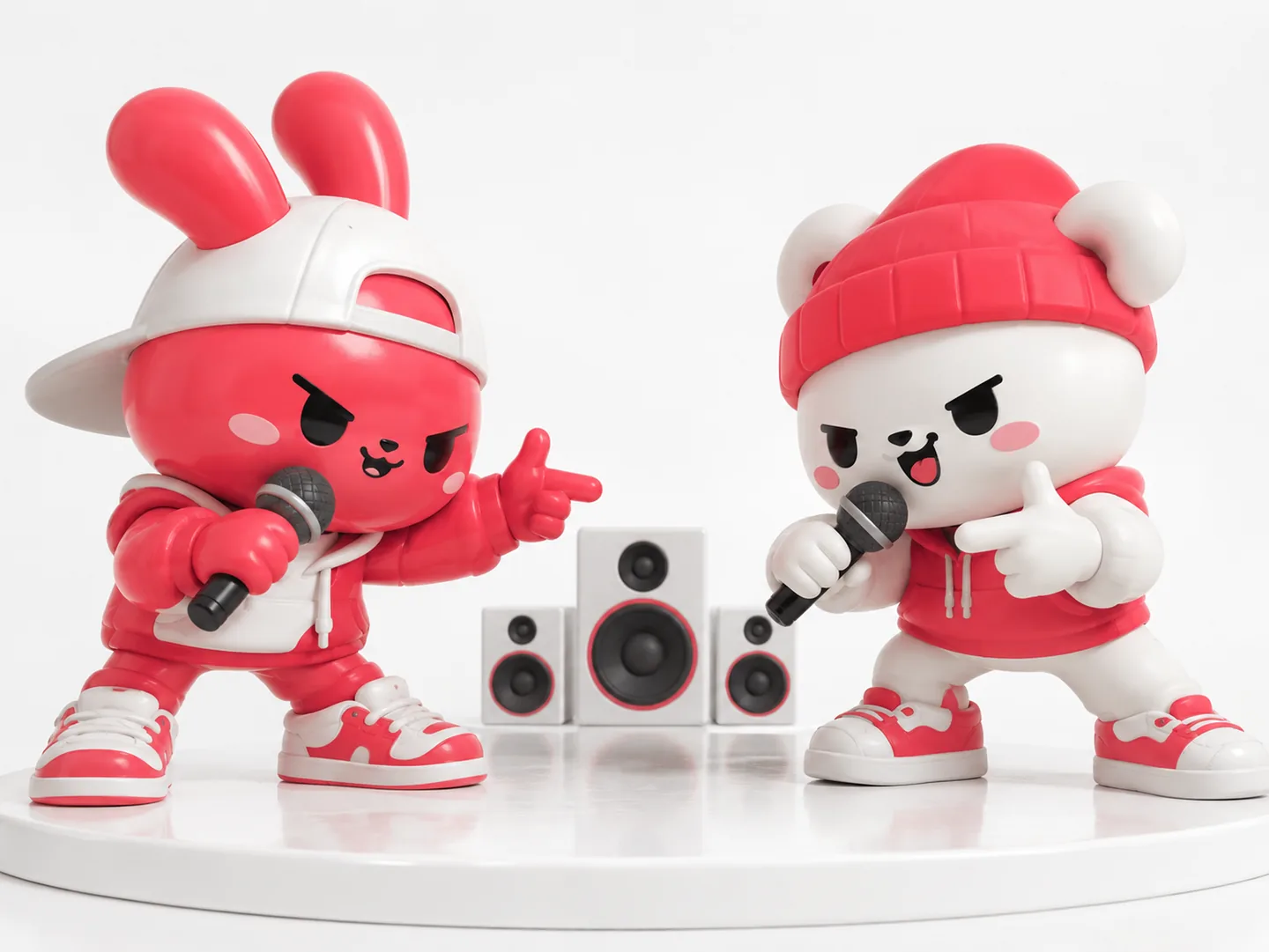 Two vinyl toy characters, one red and one white, facing off with microphones on a tiny white stage