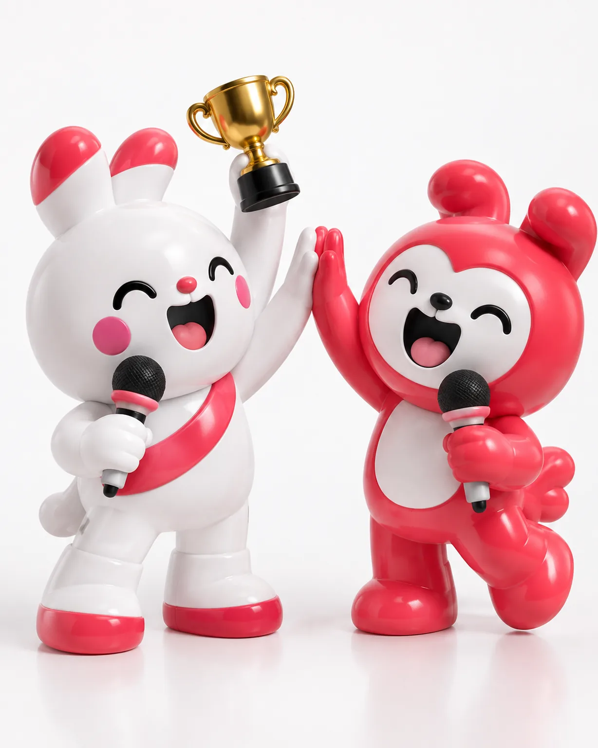 White vinyl toy character raising a tiny trophy while a red toy character gives a high five