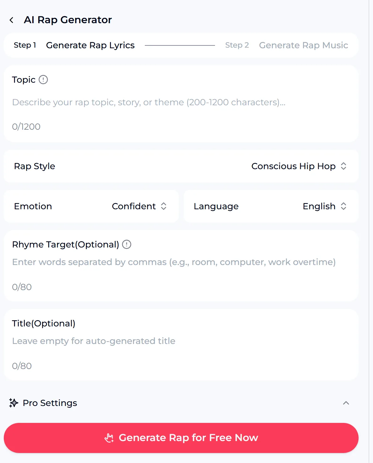 OpenMusic AI rap generator Step 1 with Topic, Rap Style, Emotion, Language, Rhyme Target, Title and Pro Settings