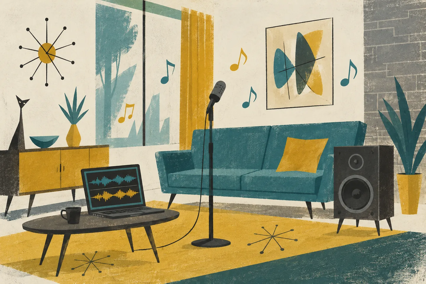 Mid-century cartoon background painting in mustard, teal and charcoal of a living room set up for karaoke with a microphone stand, a speaker and a laptop