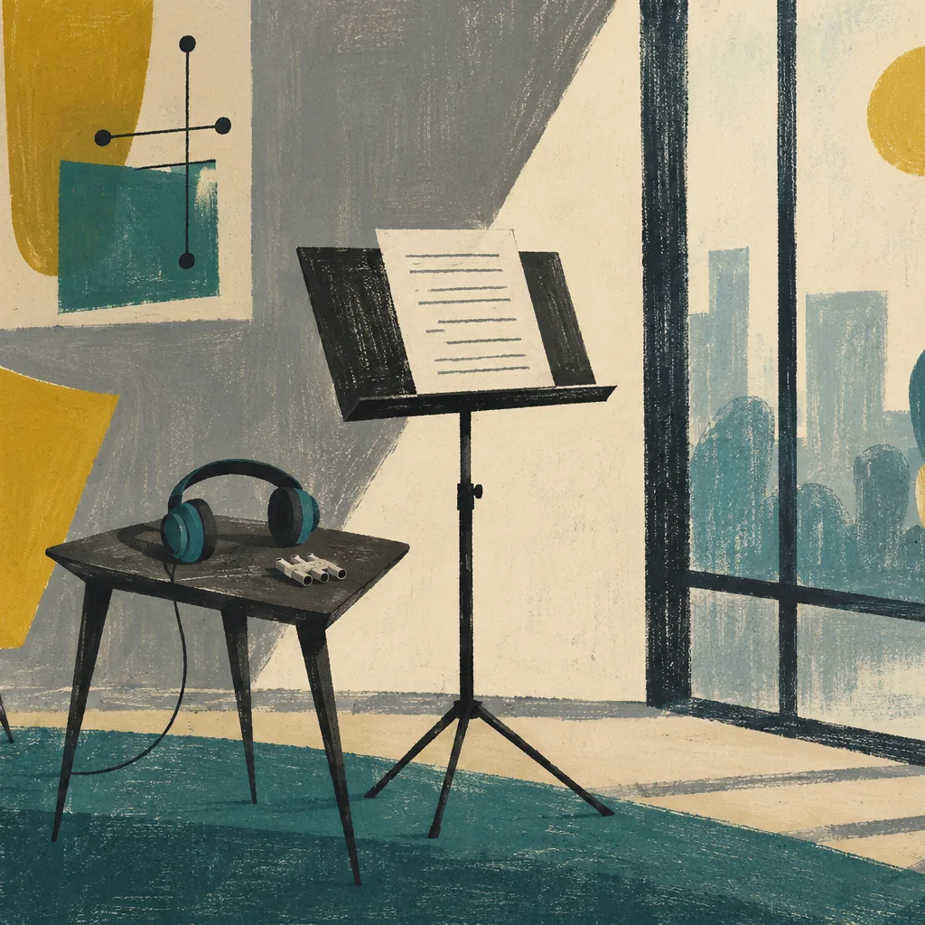 Mid-century cartoon background painting in mustard, teal and charcoal of a music stand with a lyric sheet, headphones and a pitch pipe by a tall window
